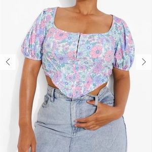 Boohoo Sz 24 PLUS FLORAL WOVEN PUFF SLEEVE CORSET